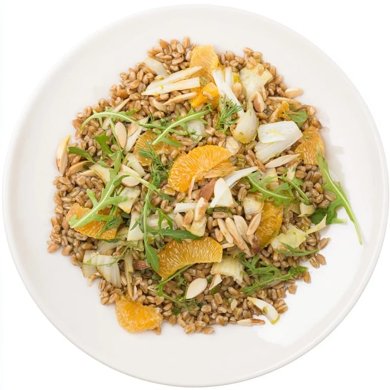 A close-up of Farro Salad With Fennel, Oranges, and Almonds featuring juicy citrus and crunchy almonds garnished with fennel fronds.