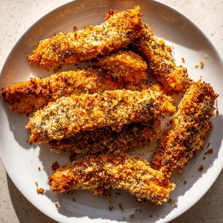 Close-up of herbed Crispy Panko Chicken Strips showing a crunchy texture, plated with lemon wedges and napkin.