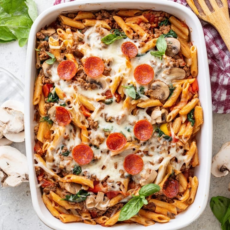 Slices of turkey pepperoni top the hearty High Protein Italian Beef and Pasta Bake, served ready for family dinner.