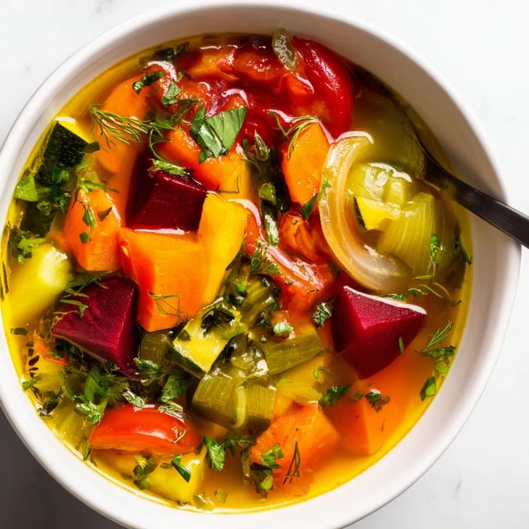 Served hot in a rustic white bowl, the nourishing Rainbow Vegetable Detox Soup bubbles with vibrant vegetables, ready to be enjoyed with a spoon.