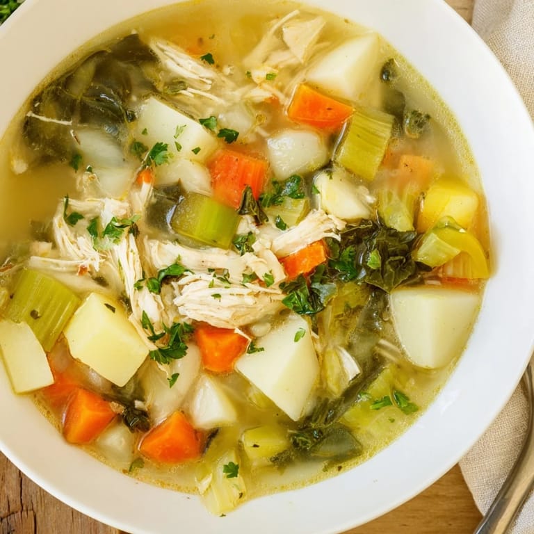 Close-up of nutritious Collard Greens, Chicken and Vegetable Soup in a white ceramic bowl, ready to serve.