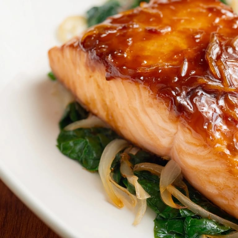 Miso salmon on sautéed spinach plated with a lemon wedge, ready to serve as a nutritious main dish.