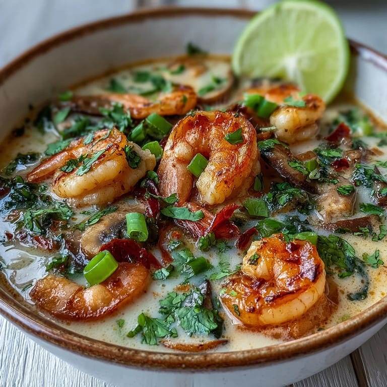 Spicy and tangy Thai Coconut Shrimp Soup with plump shrimp and mushrooms in a creamy red curry broth.