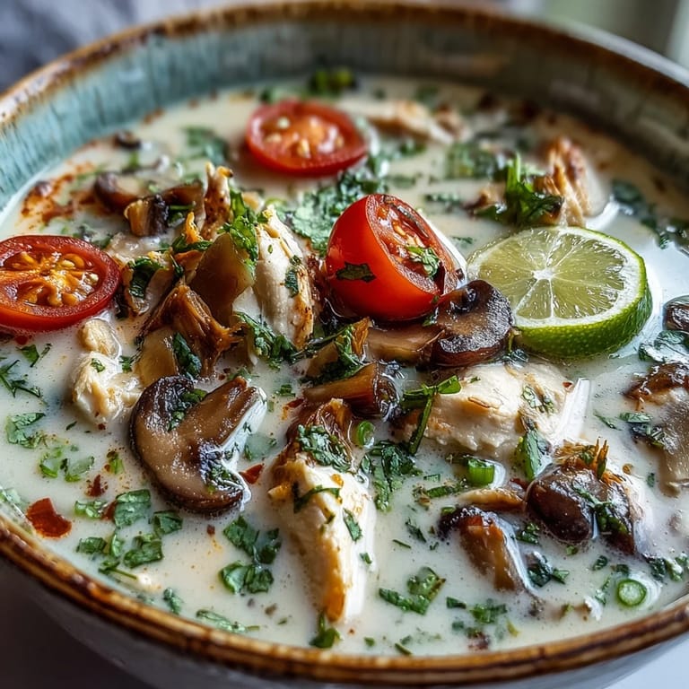 A steaming bowl of Best Ever Tom Kha Gai Soup garnished with cilantro, green onions, and lime wedges.