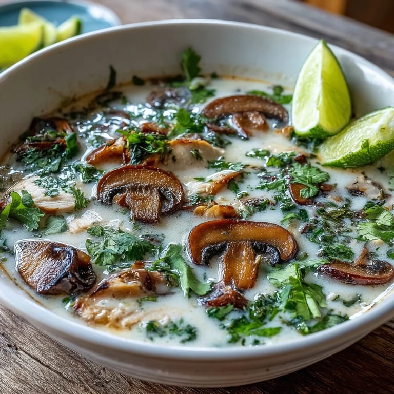 Hot Tom Kha Soup served in a white bowl with cilantro and lime wedges.