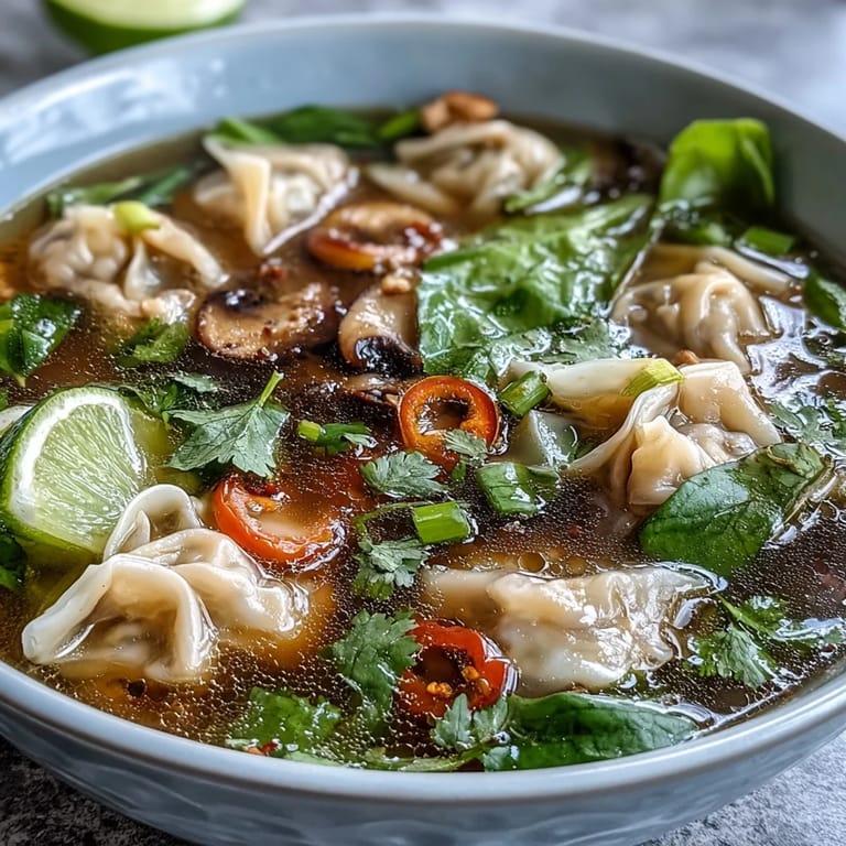 Spicy Tom Yum Wonton Soup served with lime wedges and fresh cilantro garnish on a rustic wooden table, ready to eat.