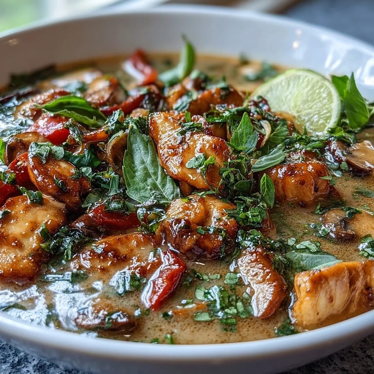 Creamy Thai Chicken Coconut Curry Soup garnished with fresh cilantro, Thai basil, and lime wedges beside a spoon.