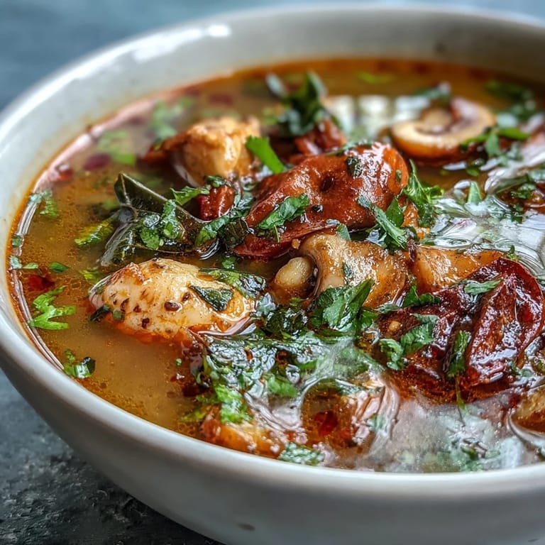 Bright red chili and tender chicken pieces floating in the fragrant Tom Yum Chicken broth.