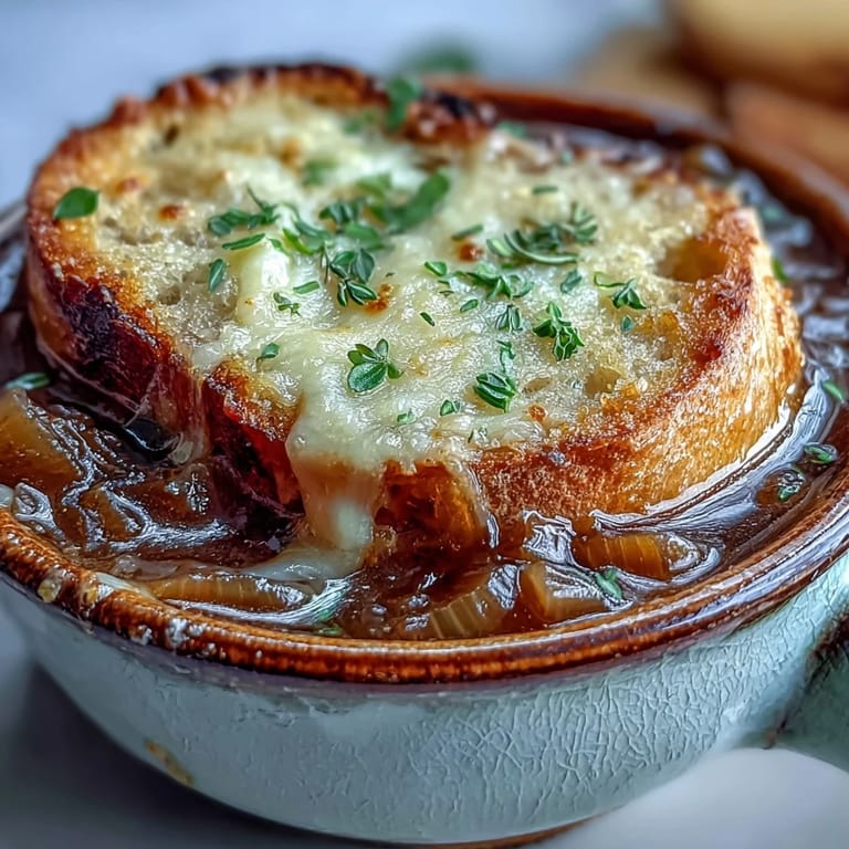 A close-up of classic French Onion Soup in a crock bowl, featuring bubbly, browned Gruyère over toasted bread and savory broth.