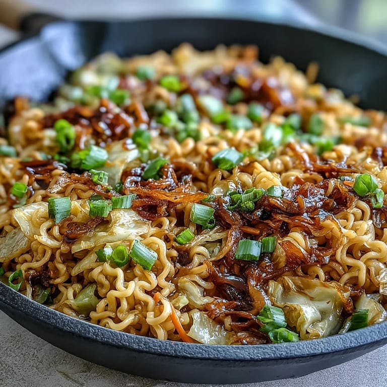 Topped with fresh scallions and sesame seeds, this vegetarian Fried Cabbage Ramen is ready to enjoy.