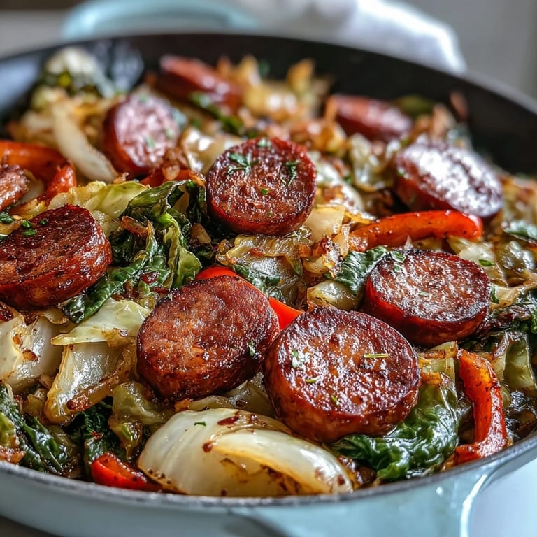 Hearty Smothered Cabbage With Sausage Skillet served steaming hot with sautéed onions and peppers in a rustic cast iron pan.