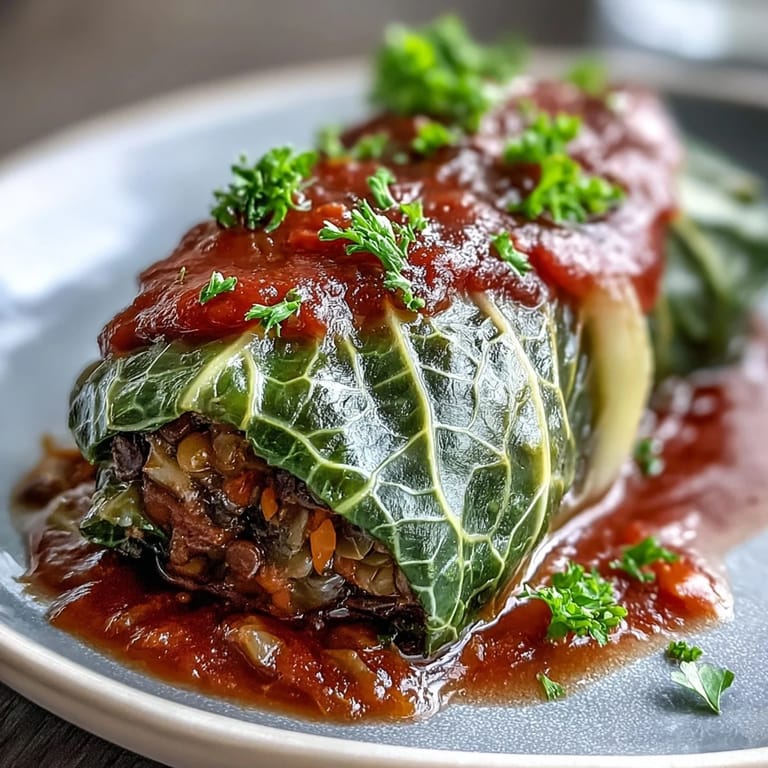 A close-up view of a savory Baked Vegan Cabbage Roll, revealing a hearty filling of lentils and brown rice on a rustic plate.