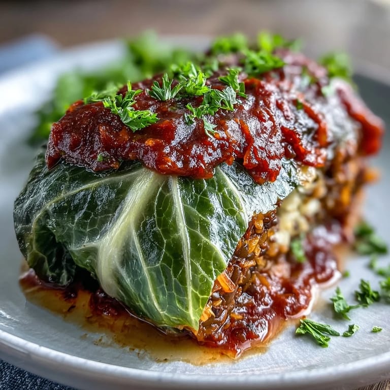 Freshly prepared Baked Vegan Cabbage Rolls arranged in a ceramic baking dish, ready to be served as a comforting plant-based dinner.