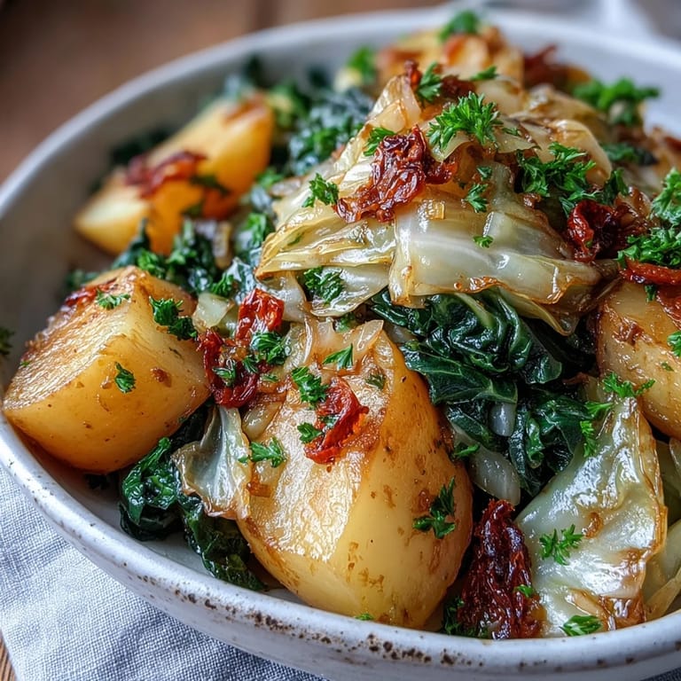 Comforting European-style vegetarian dinner served warm with crusty bread alongside Braised Cabbage With Potatoes and Chili.