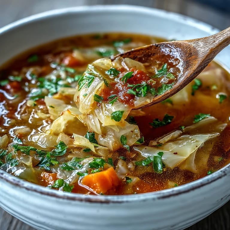 Golden Classic Cabbage Soup simmering in a pot, featuring tender green cabbage, carrots, and tomatoes in a savory broth.