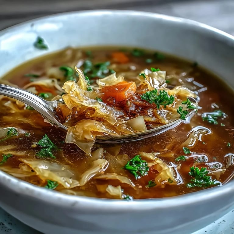 Close-up of Classic Cabbage Soup in a white bowl, showing vibrant vegetables in tomato-based broth, perfect for a healthy meal.