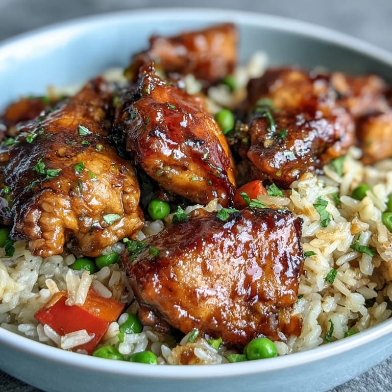 Steamy One-Pan Bold Honey BBQ Chicken Rice with colorful bell peppers, peas, and carrots topped on fluffy rice.
