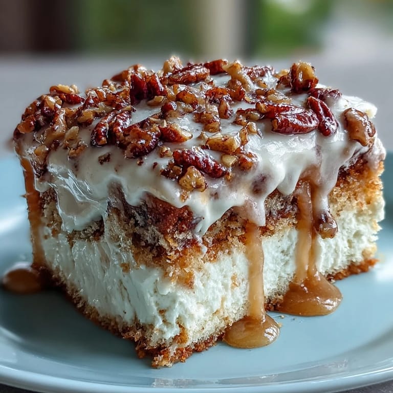 Slice of moist Butter Pecan Tres Leches Cake revealing soaked layers and rich cream topping.