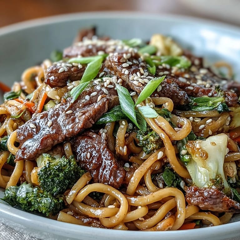 Korean Beef Noodles tossed with tender beef, bell peppers, and carrots in a fragrant garlic-ginger skillet. Finished with sesame seeds for a cozy, dairy-free dinner.