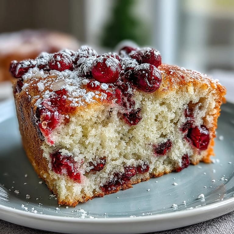 Whole Cranberry Orange Breakfast Cake in a round pan, showcasing a moist crumb and vibrant citrus fruit pieces.