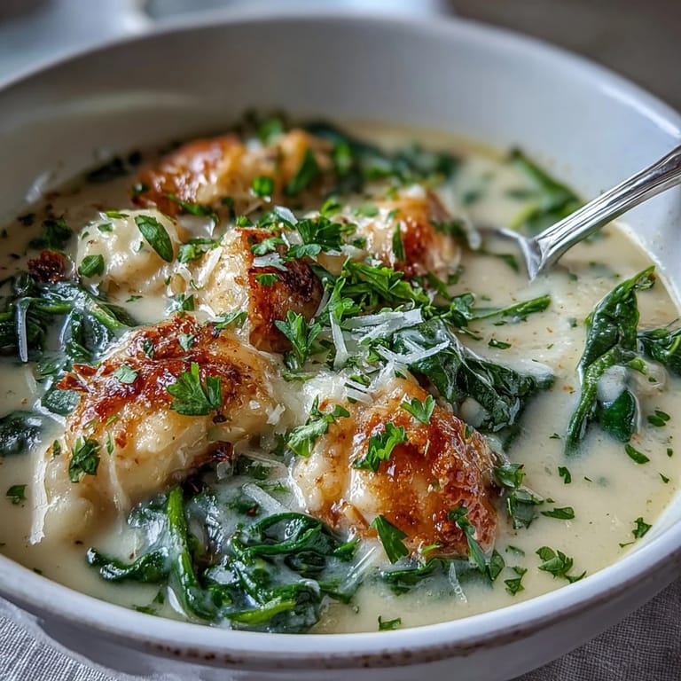 A pot of simmering Garlic Parmesan Chicken Soup with tender chicken pieces and fresh spinach, steam rising from the velvety broth.
