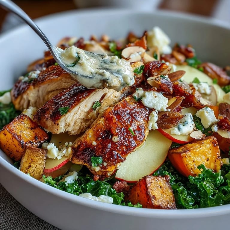 A close-up of the Fall Sweet Potato Harvest Bowl reveals tender chicken, crisp apples, and glistening balsamic dressing on a bed of massaged kale.