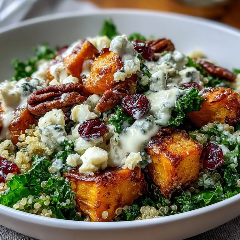 Fork-ready Harvest Kale Quinoa Bowl with toasted pecans, sweet potatoes, and tangy blue cheese, garnished with fresh lemon zest.