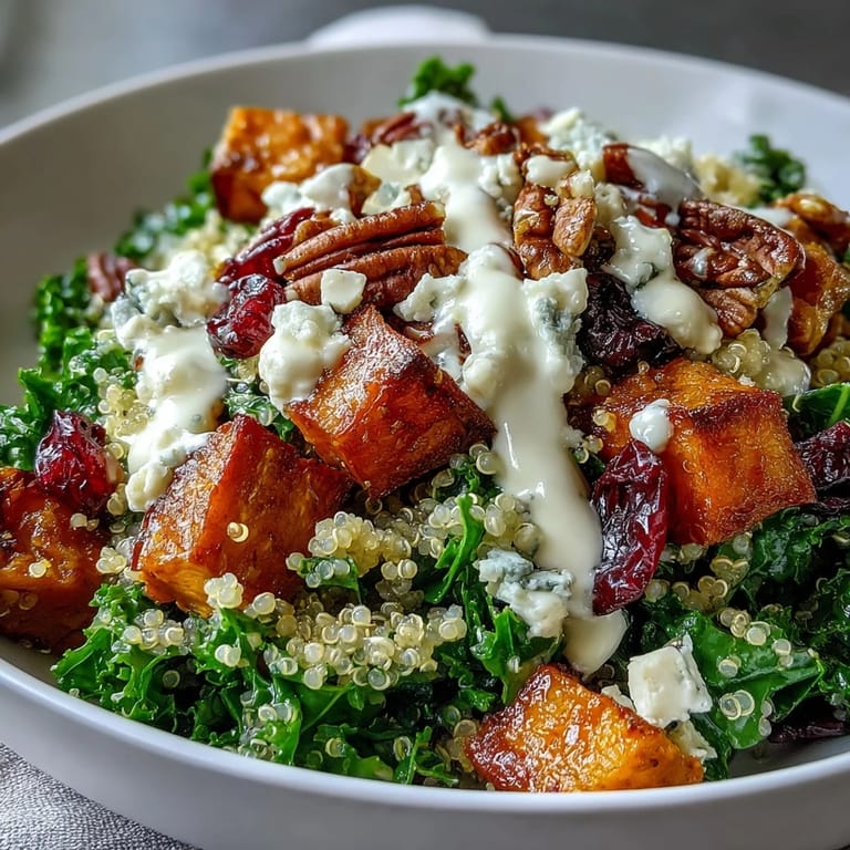 Chopped pecans, dried cranberries, and crumbled blue cheese top a vibrant Harvest Kale Quinoa Bowl served on a rustic plate.