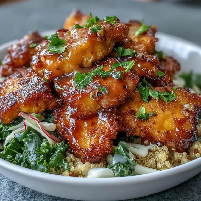 A close-up shows golden chicken and caramelized sweet potatoes in a Hot Honey Chicken Bowl, with crunchy red cabbage slaw.