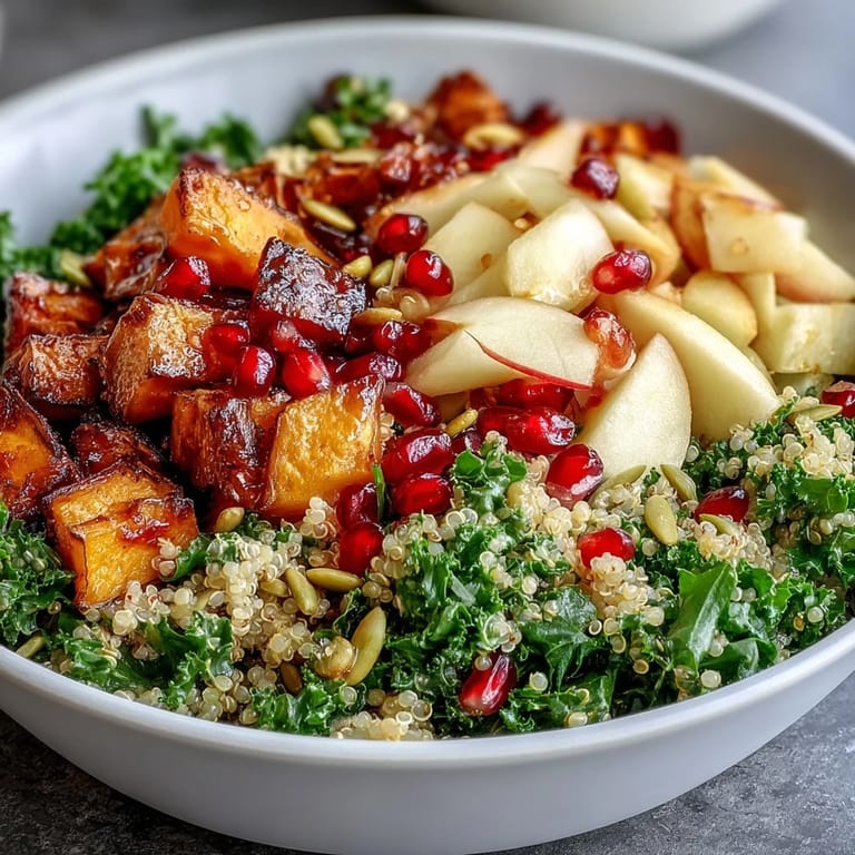 Close-up of a Kale Harvest Grain Bowl with massaged kale and golden sweet potatoes.