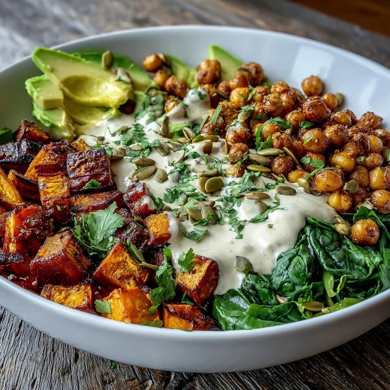 Roasted Sweet Potato and Chickpea Bowl served with avocado and pumpkin seeds for a colorful meal.