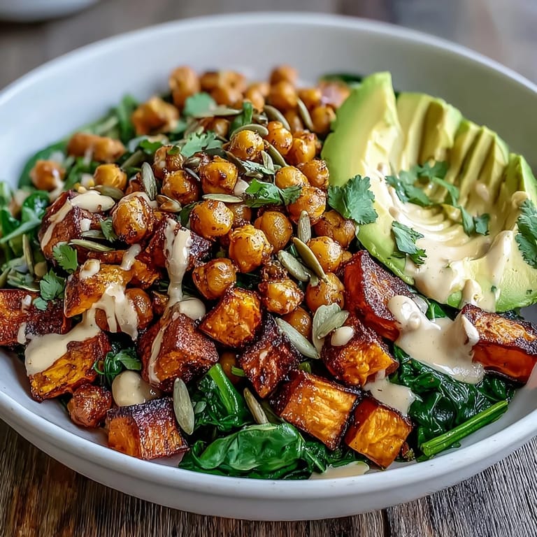 Golden sweet potatoes and crispy chickpeas layered over spinach in a Roasted Sweet Potato and Chickpea Bowl.