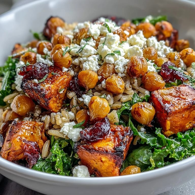 Wholesome Fall Harvest Bowl featuring toasted almonds, creamy feta, and a drizzle of apple cider dressing over a colorful grain base.