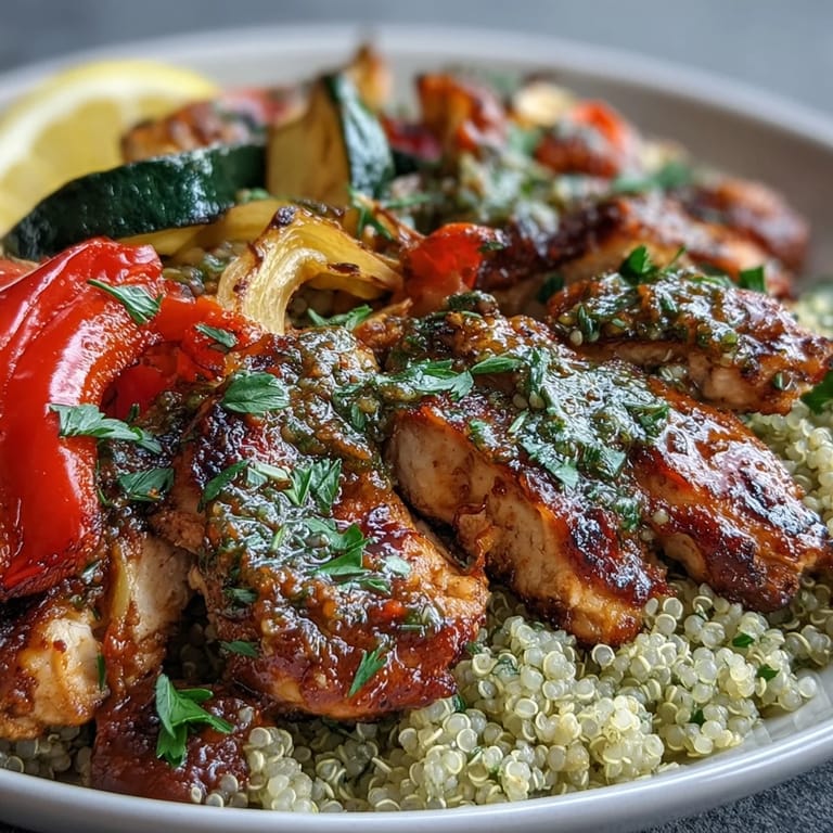 Colorful diced bell peppers and zucchini mingle with sliced paprika herb chicken over quinoa, ready for a lemon wedge squeeze. 