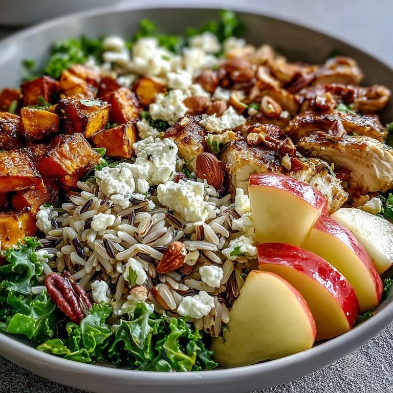 Hearty Harvest Bowl with massaged kale, roasted sweet potatoes, and creamy goat cheese, ready for a weeknight dinner.