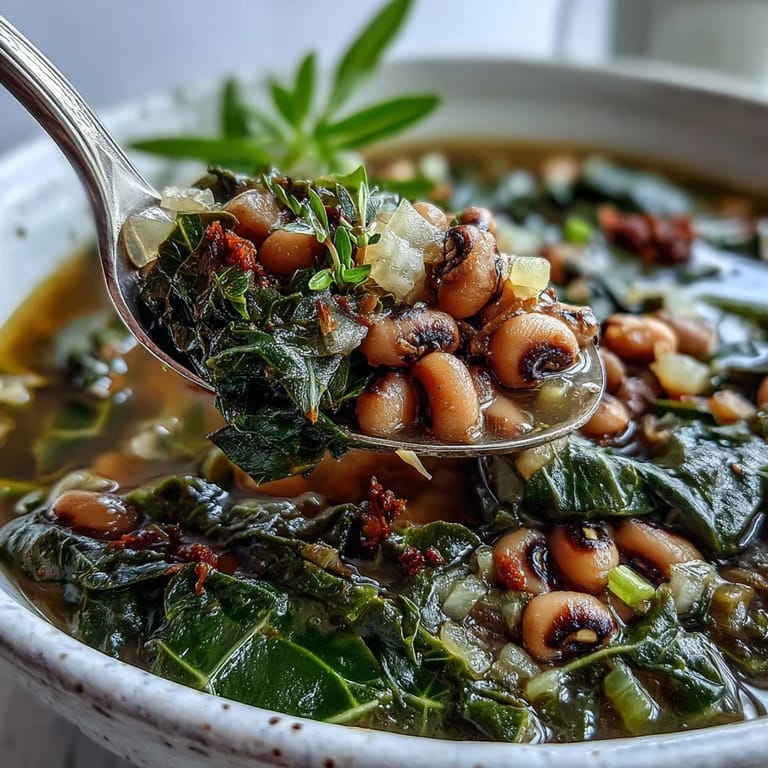 Fork-tender Black-Eyed Peas With Collard Greens in a savory broth, garnished with a dash of hot sauce and fresh cracked pepper.
