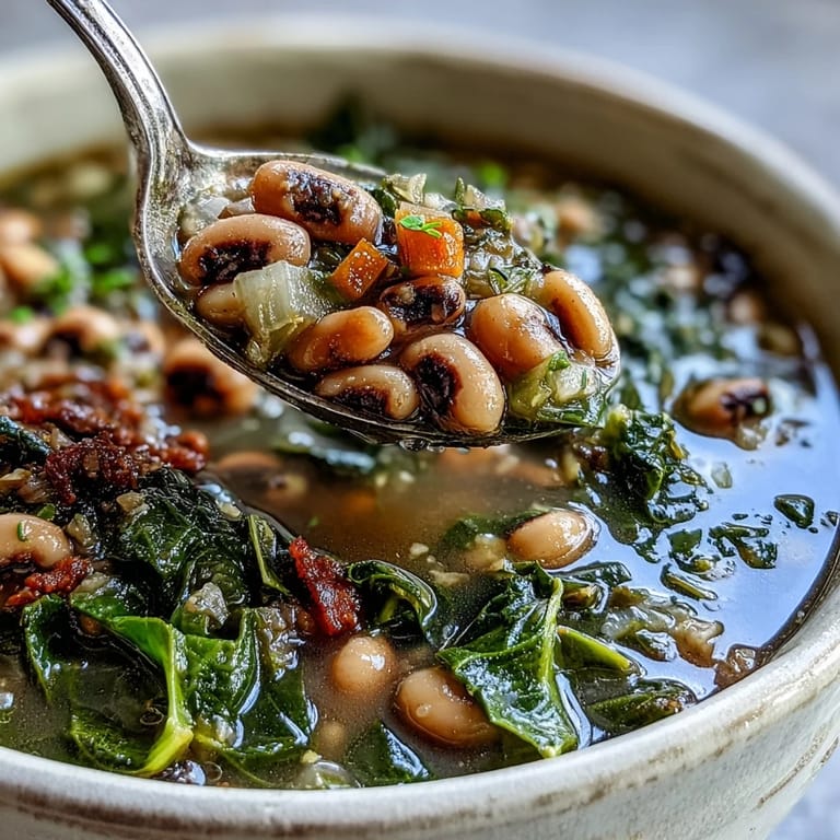 Hearty Black-Eyed Peas With Collard Greens in a rustic Dutch oven, ready to serve with warm Southern cornbread and pickles.
