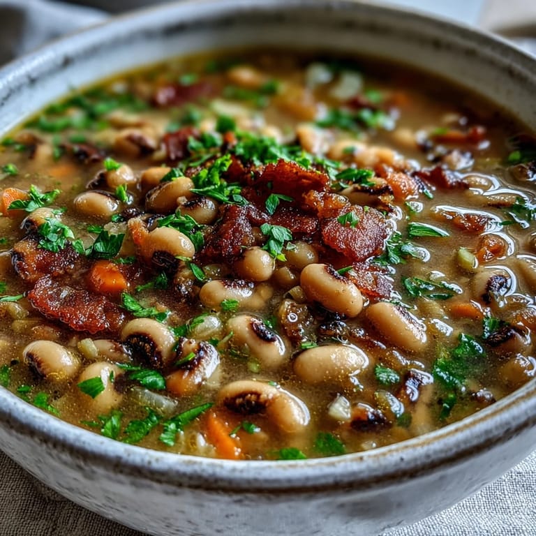 Close-up of a spoon lifting Black-Eyed Peas and Bacon Soup, highlighting the rich broth and aromatic vegetables.
