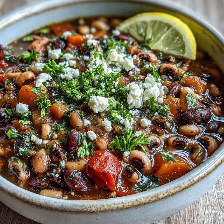 Close-up of tender Greek-Style Slow Cooker Black-Eyed Peas stew with a drizzle of olive oil and paprika.