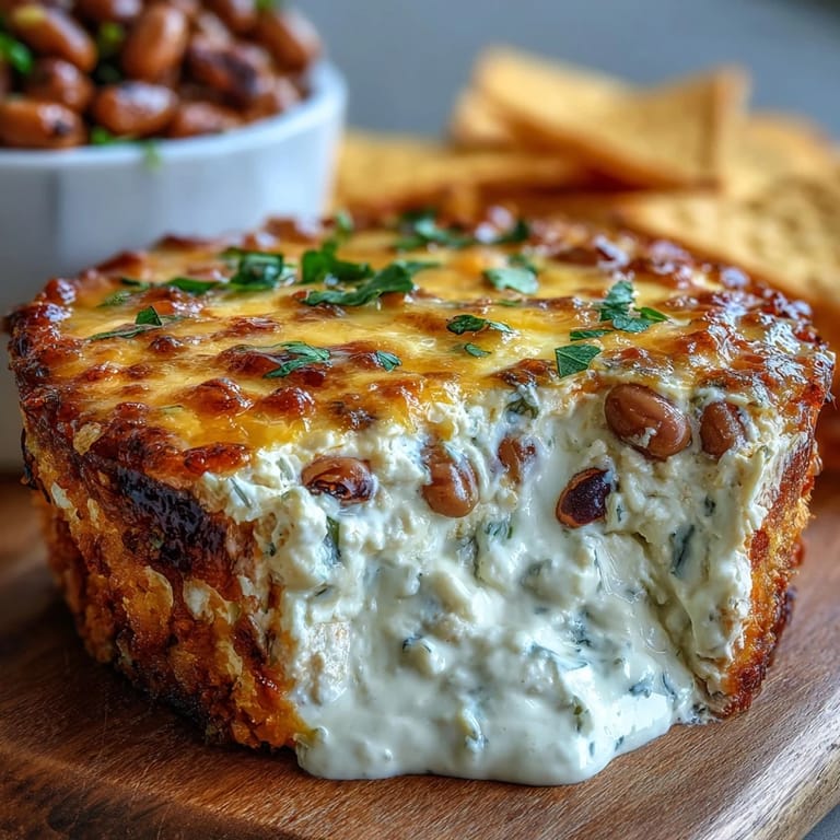A close-up of creamy Hot Black-Eyed Pea Dip in a ceramic dish, garnished with fresh green onions and served with crunchy tortilla chips.