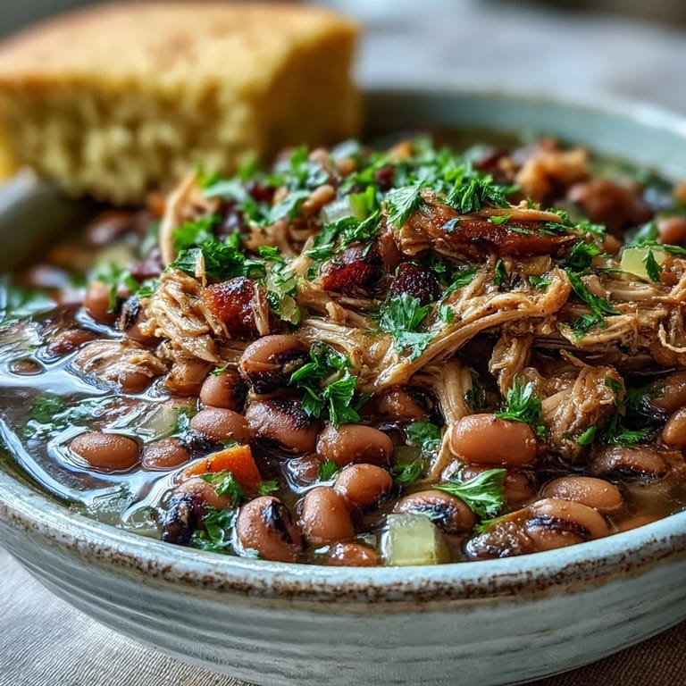 Close-up on a spoonful of Black-Eyed Peas With Smoked Turkey, garnished with parsley, alongside a slice of golden cornbread.