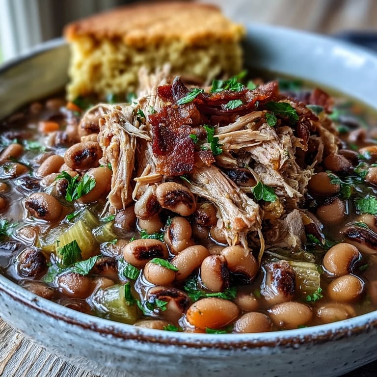 A rustic bowl of Black-Eyed Peas With Smoked Turkey, served with a dash of hot sauce and a side of fluffy rice.