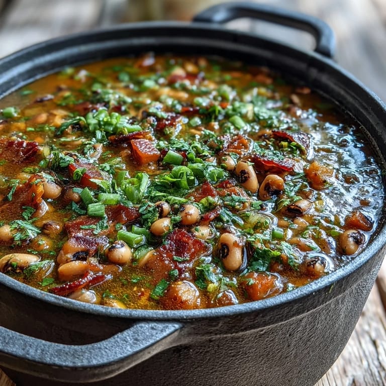 Big Pot of Texas Black-Eyed Peas simmering with jalapeños, garlic, and spices on stove.