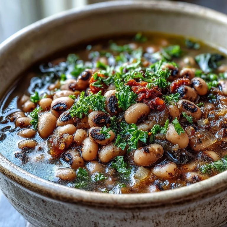 Southern-style frozen black-eyed peas cooked with aromatics, smoked paprika, and thyme, served steaming in a rustic bowl near cornbread.