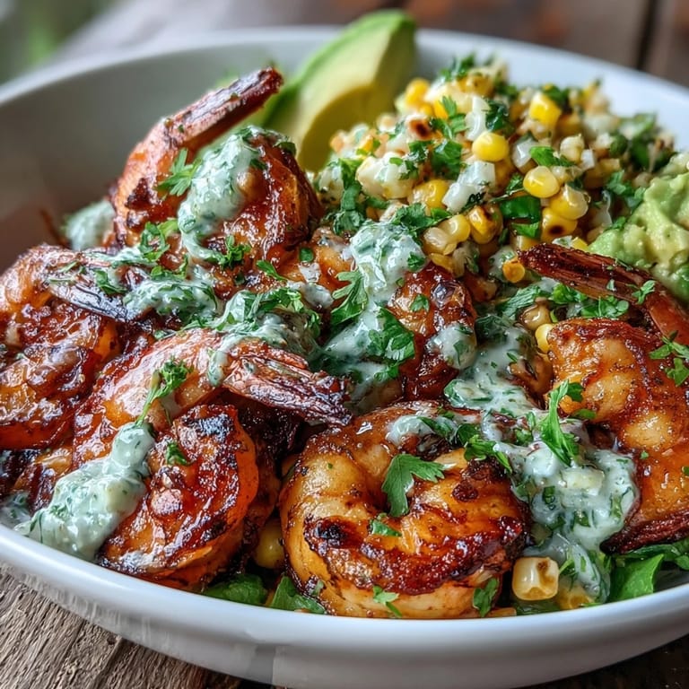 A vibrant grilled shrimp bowl with corn salsa, avocado, and creamy garlic sauce over fluffy rice.