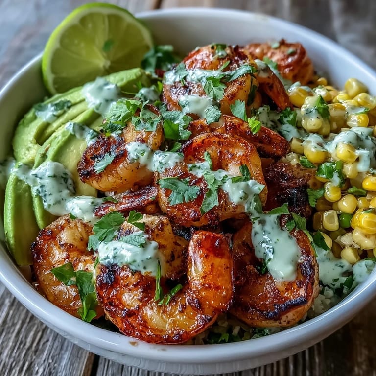 Ready in 25 minutes, this gluten-free grilled shrimp bowl features corn salsa, avocado, and garlic sauce.