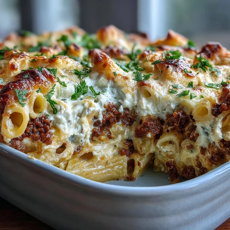 Hearty slice of Cottage Cheese Protein Pasta Bake with Ground Beef on a plate, served with fresh parsley and a side salad.