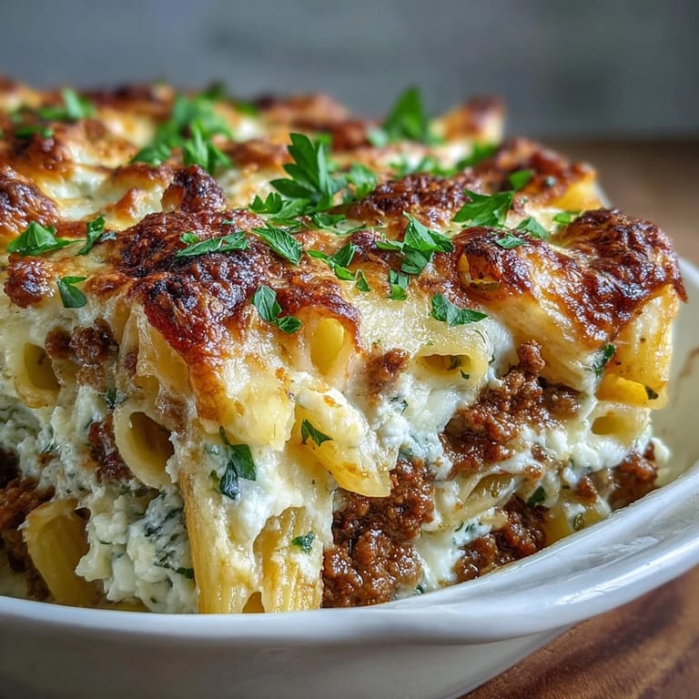 Freshly baked Cottage Cheese Protein Pasta Bake with Ground Beef, featuring whole wheat penne and rich marinara sauce with a golden crust.