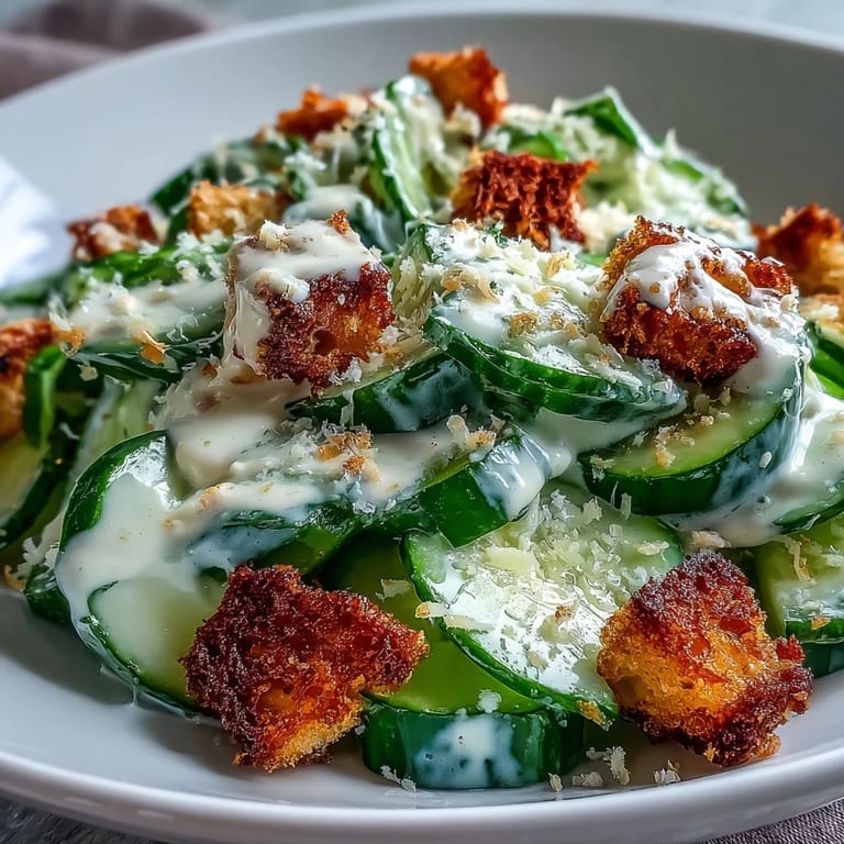 A light, refreshing Cucumber Caesar Salad served in a rustic bowl with optional avocado slices and a sprinkle of black pepper.