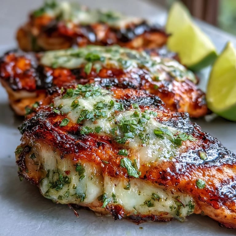 Melted pepper Jack cheese topping tender grilled Grilled Salsa Verde Pepper Jack Chicken on a plate with cilantro.